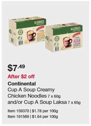 Continental Cup A Soup Creamy Chicken Noodles 7 x 60g and/or Cup A Soup Laksa 7 x 65g